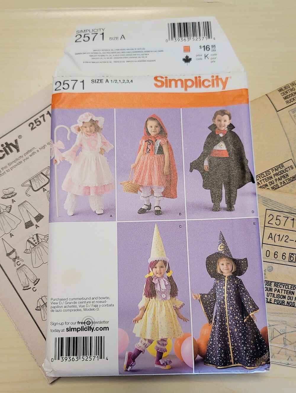 🎃Simplicity 2571 Halloween Sizes 1/2-4 Girls & Boys Bo Peep Red Riding Hood New